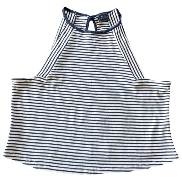 Navy and White Toto Collection Cropped Keyhole Back Tank Top - Picture 1 of 8